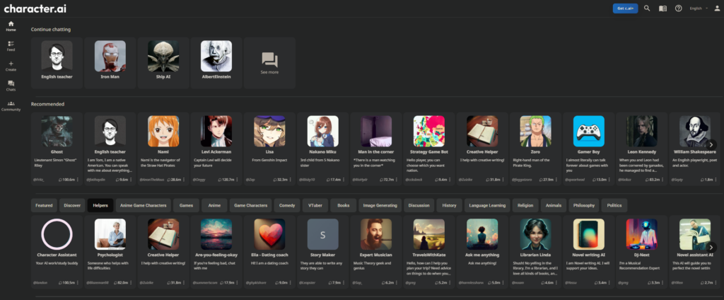 character AI front page interface